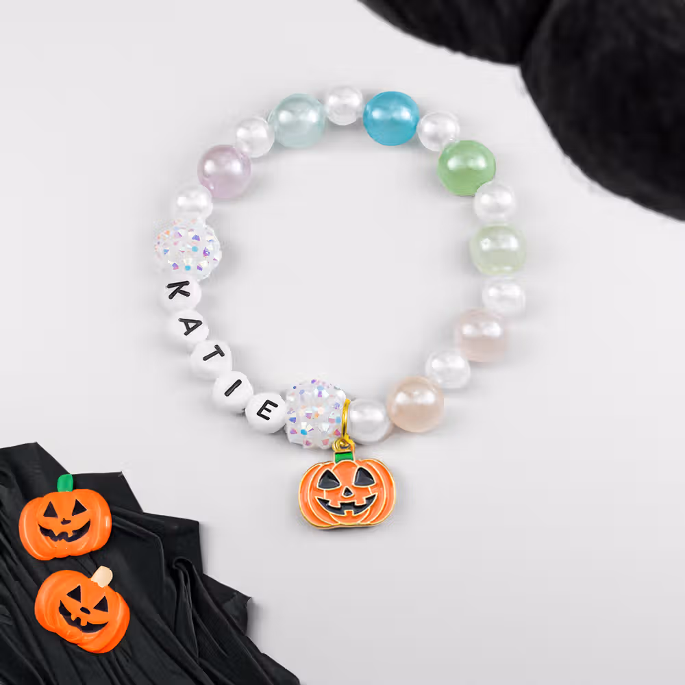Personalized Cute Pumpkin Colorful Beaded Bracelet with Name Anniversary Halloween Gift for Girl Woman