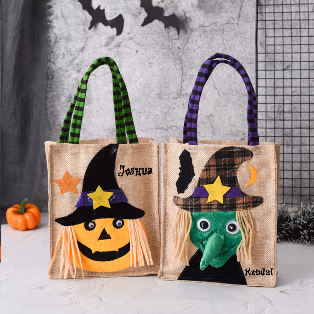 Personalized Halloween Pumpkin Skull Witch Burlap Candy Tote Bag with Name Happy Halloween Gift for Halloween