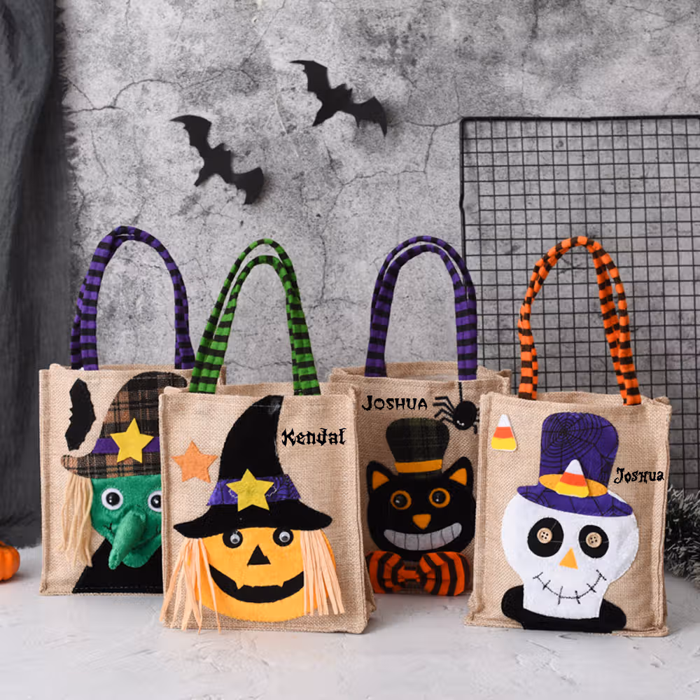 Personalized Halloween Pumpkin Skull Witch Burlap Candy Tote Bag with Name Happy Halloween Gift for Halloween
