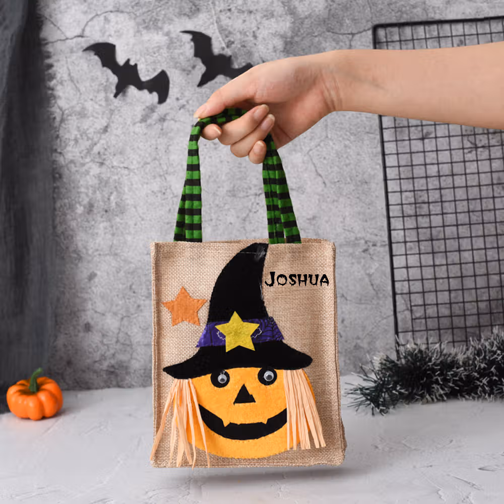 Personalized Halloween Pumpkin Skull Witch Burlap Candy Tote Bag with Name Happy Halloween Gift for Halloween