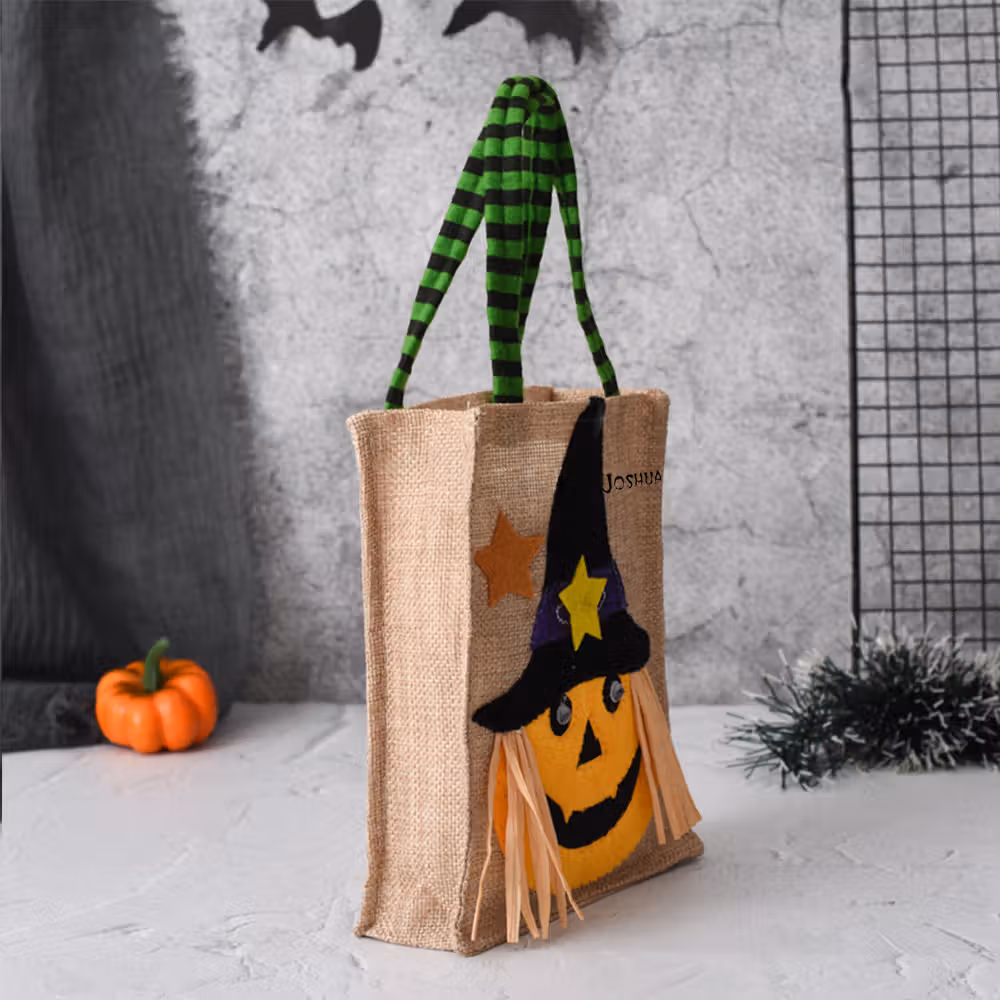 Personalized Halloween Pumpkin Skull Witch Burlap Candy Tote Bag with Name Happy Halloween Gift for Halloween