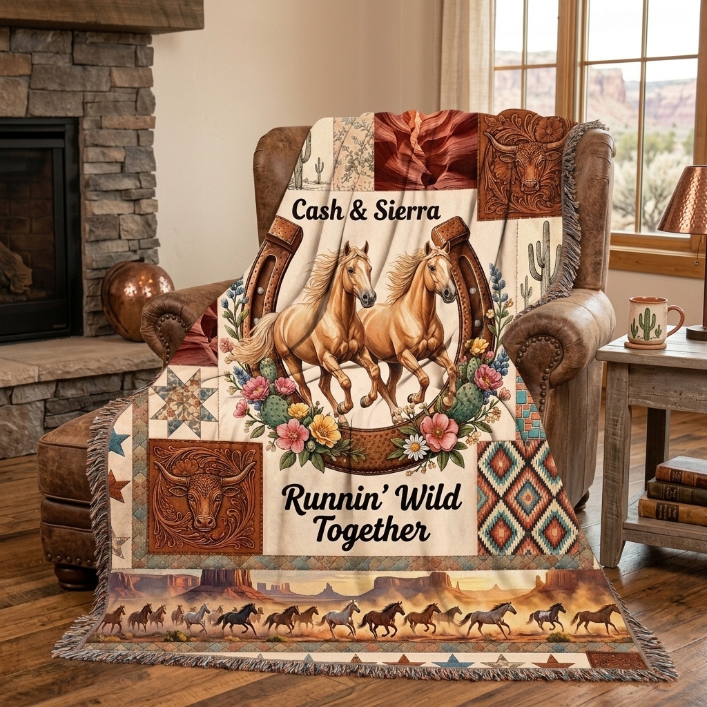 Personalized Horse Couple Tassel Soft Throw Blanket with Name Bedroom Housewarming Anniversary Gift for Couple Horse Owner