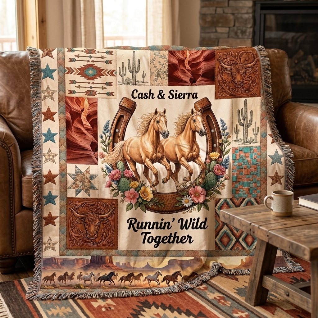 Personalized Horse Couple Tassel Soft Throw Blanket with Name Bedroom Housewarming Anniversary Gift for Couple Horse Owner
