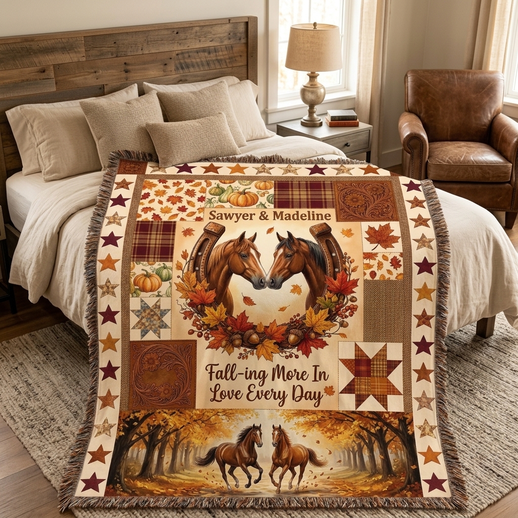 Personalized Couple Tassel Soft Throw Blanket with Name Bedroom Housewarming Anniversary Gift for Couple Horse Owner