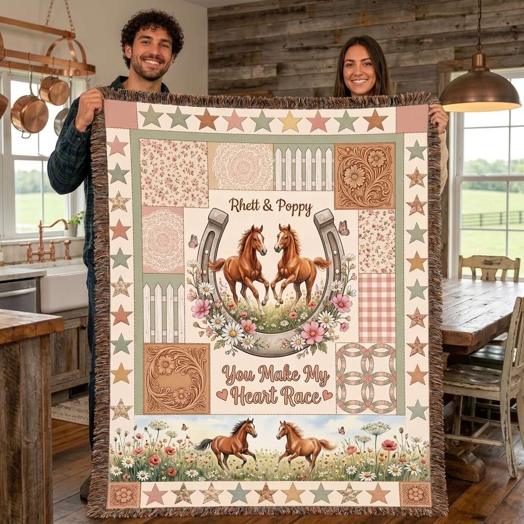 Personalized Tassel Soft Throw Blanket with Name Bedroom Housewarming Anniversary Gift for Couple Horse Owner