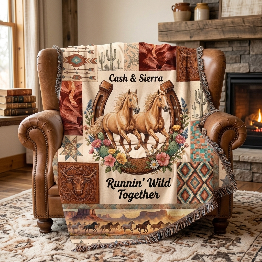 Personalized Horse Couple Tassel Soft Throw Blanket with Name Bedroom Housewarming Anniversary Gift for Couple Horse Owner