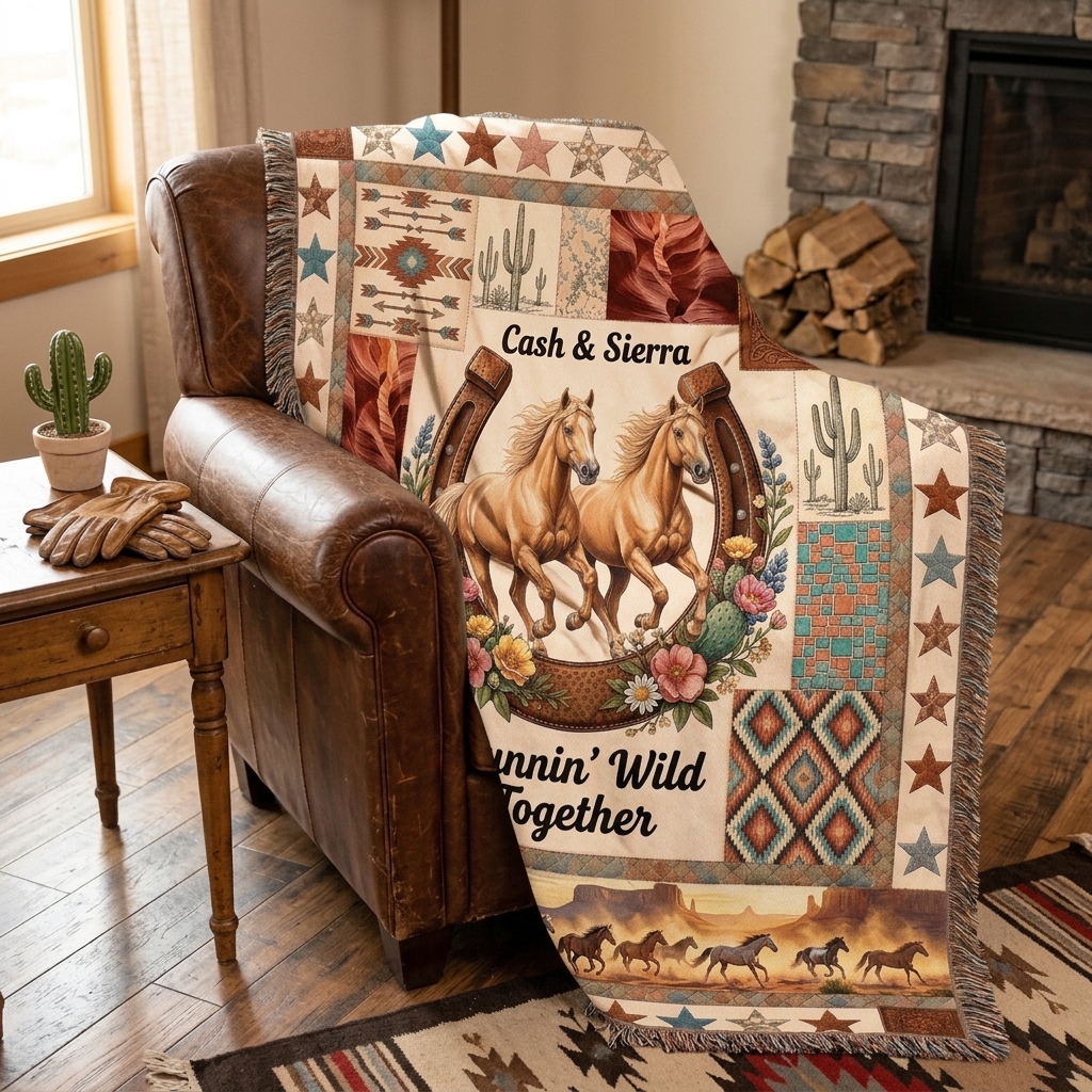 Personalized Horse Couple Tassel Soft Throw Blanket with Name Bedroom Housewarming Anniversary Gift for Couple Horse Owner
