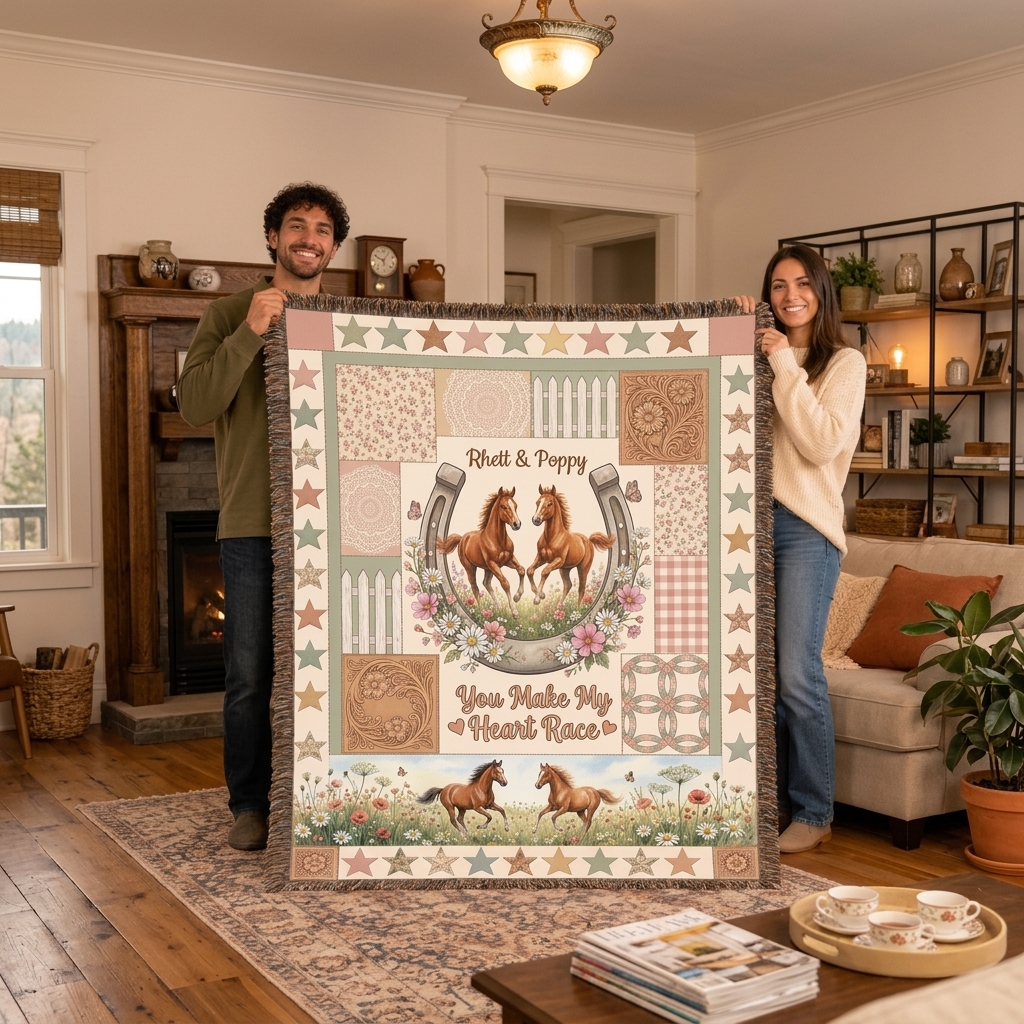 Personalized Tassel Soft Throw Blanket with Name Bedroom Housewarming Anniversary Gift for Couple Horse Owner