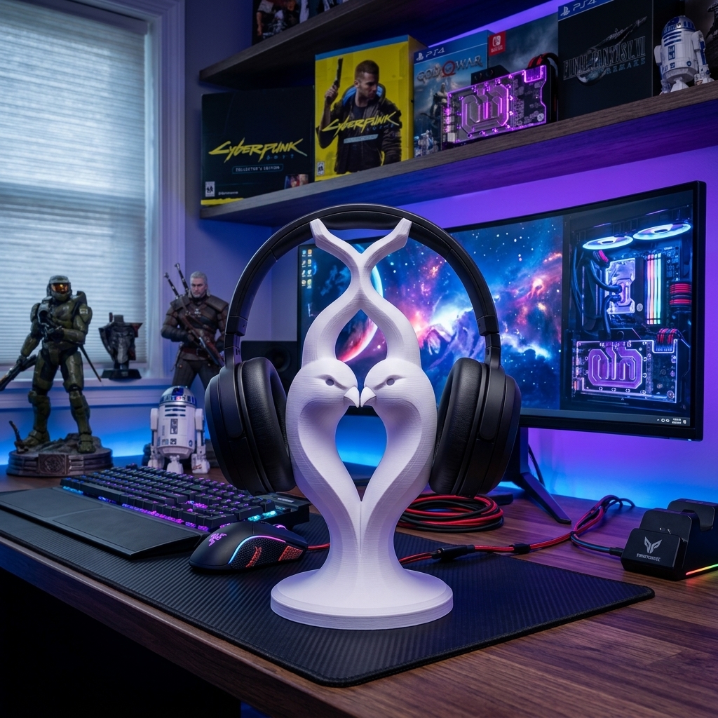 Lovebird 3D Printed Headphone Stand - Artisan Hand Painted Headset Holder for Gaming Desks and Music Lovers
