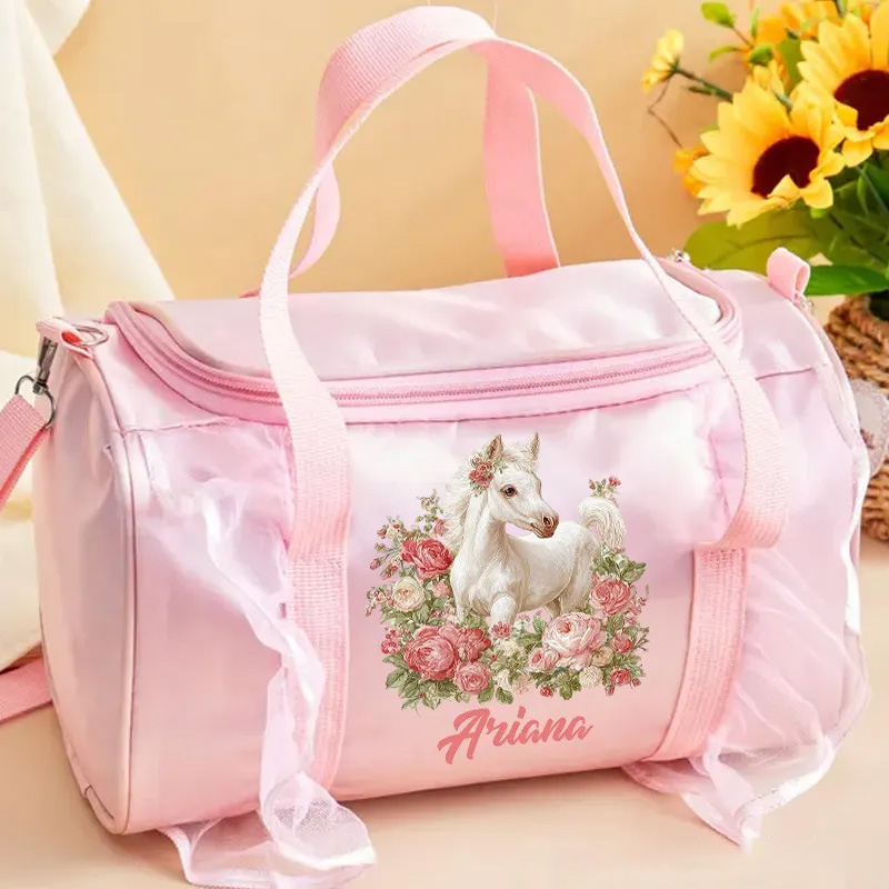 Personalized Horse Duffle Dance Bag with Name and Shoulder Strap Overnight Bag for Girl Ballet Bag Weekender Back To School Gift for Girls Riding Lovers Equestrian Lovers