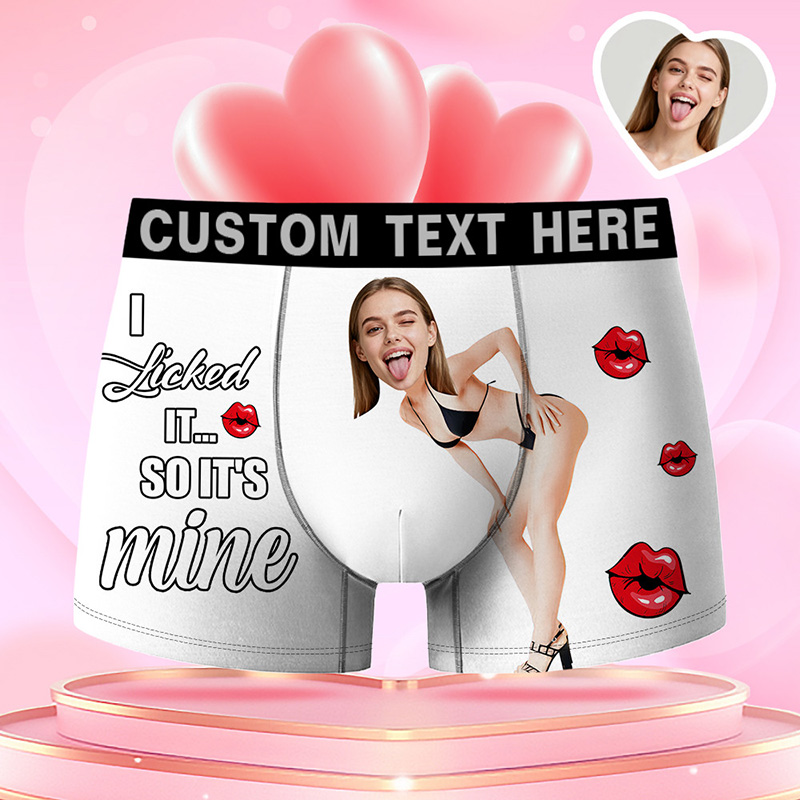 Personalized Girlfriend Wife Face Boxer Brief I Licked It So It's Mine Men Underwear with Woman Face Portrait Valentines Day Gift for Boyfriend Husband