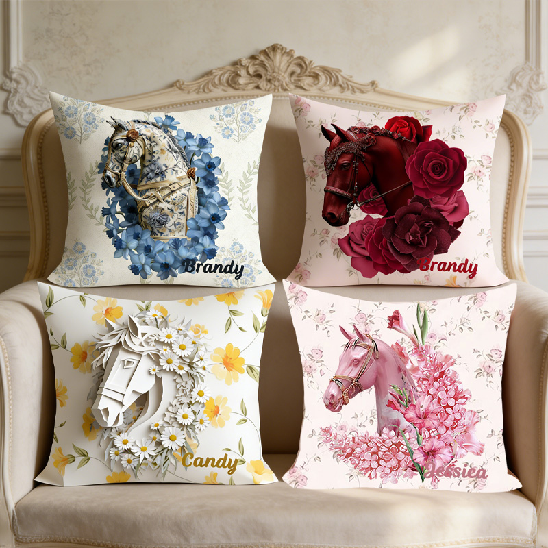 Personalized Birth Flower Horse Throw Pillow Equestrian Pillow Cover French Farmhouse Decor for Riding Lovers Equestrian Lovers