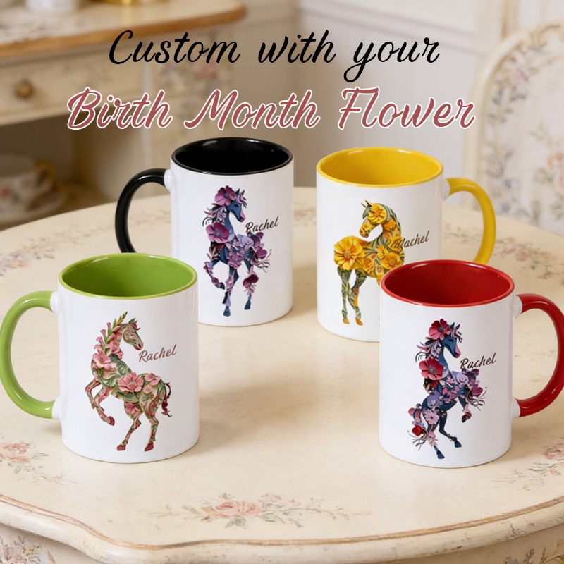 Personalized Birth Month Flower Floral Horse Mug Ceramic Cup Gift for Horse Riding Equestrian Lovers