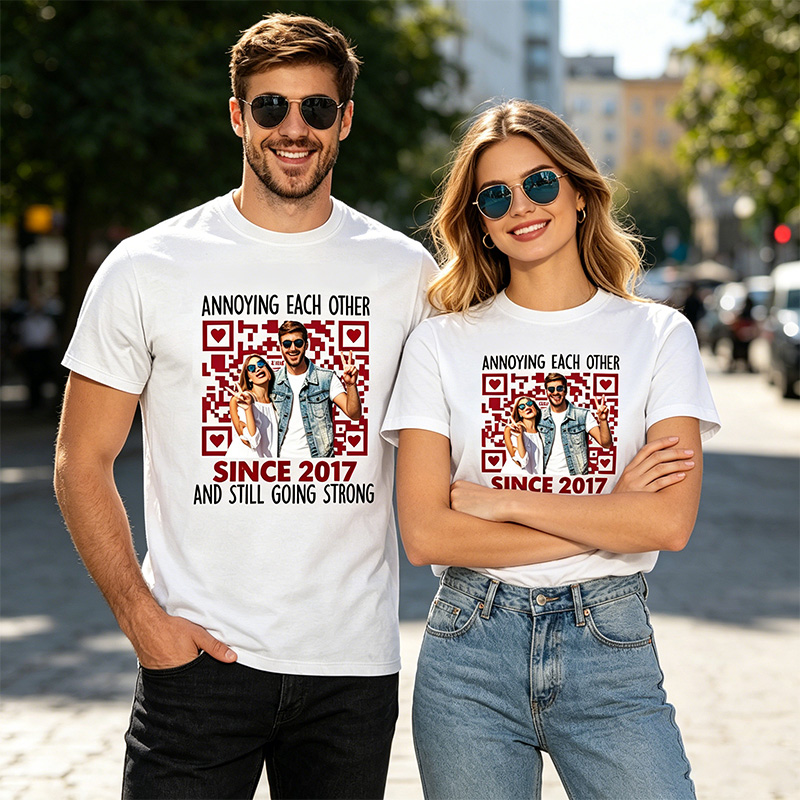Personalized Annoying Each Other Since xxx Couple T-shirt Love QR Code T-Shirt for Couple Valentine's Day Gift Anniversary Gift