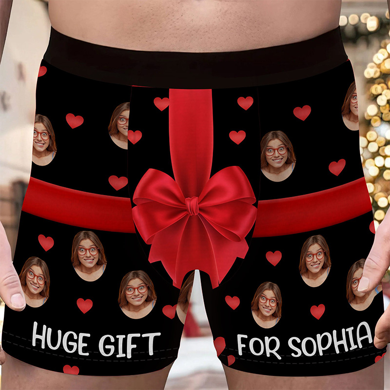 Personalized Girlfriend Wife Face Boxer Brief Red Bow Huge Gift For Her Men Underwear with Woman Face Photo Valentines Day Gift for Boyfriend Husband