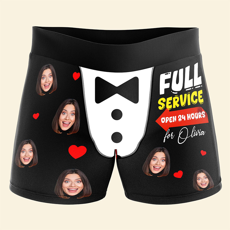 Personalized Girlfriend Wife Face Full Service Open 24 Hours for Her Boxer Briefs Men Underwear with Woman Face Photo Valentines Day Gift for Him