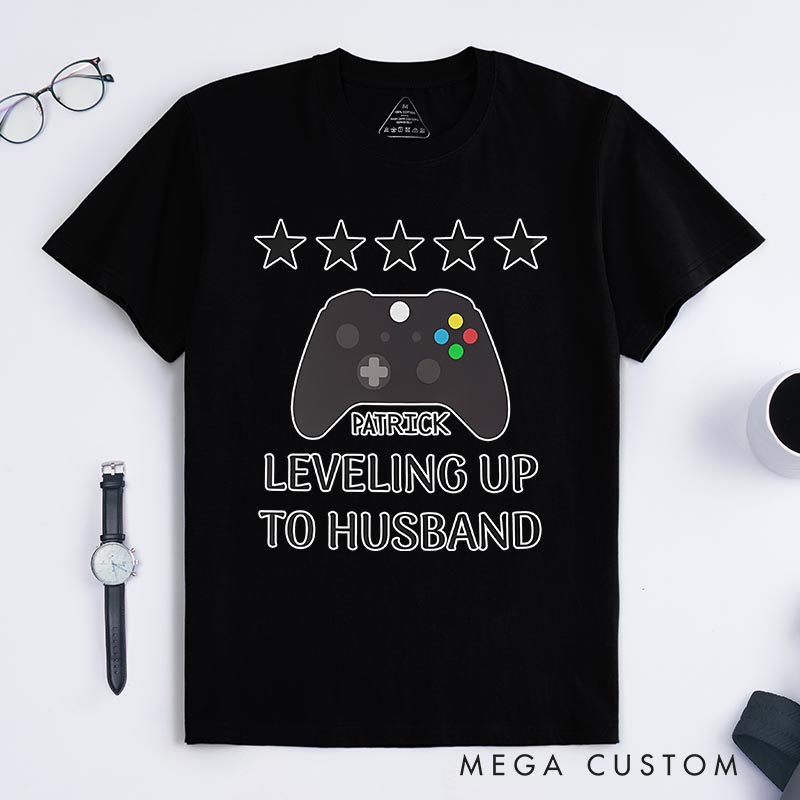 Personalized Leveling up to Husband Game Engagement Classic T-Shirts Fiance Video Game Tshirt Gift for Groom from Bride