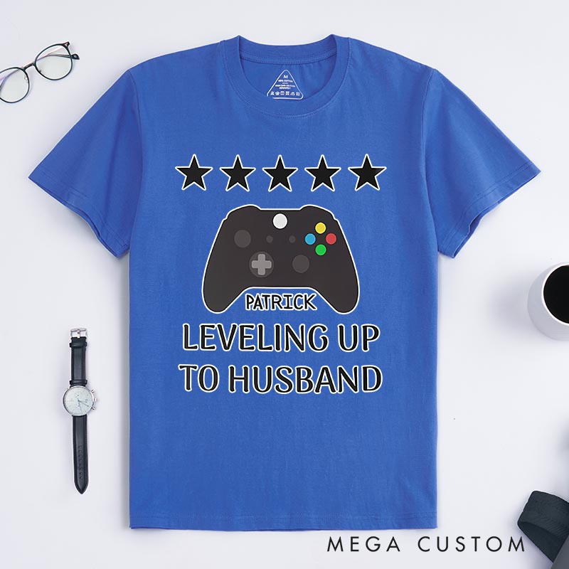 Personalized Leveling up to Husband Game Engagement Classic T-Shirts Fiance Video Game Tshirt Gift for Groom from Bride