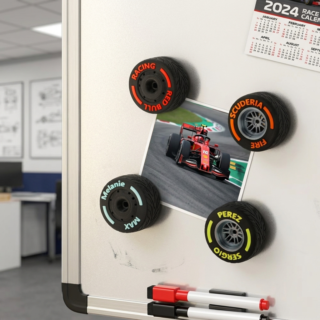Custom 3D‑Printed Racing Tire Fridge Magnet, Personalized Formula Car Wheel Magnet, Custom Name Race Tire Refrigerator Magnet Gift for Motorsport Fans