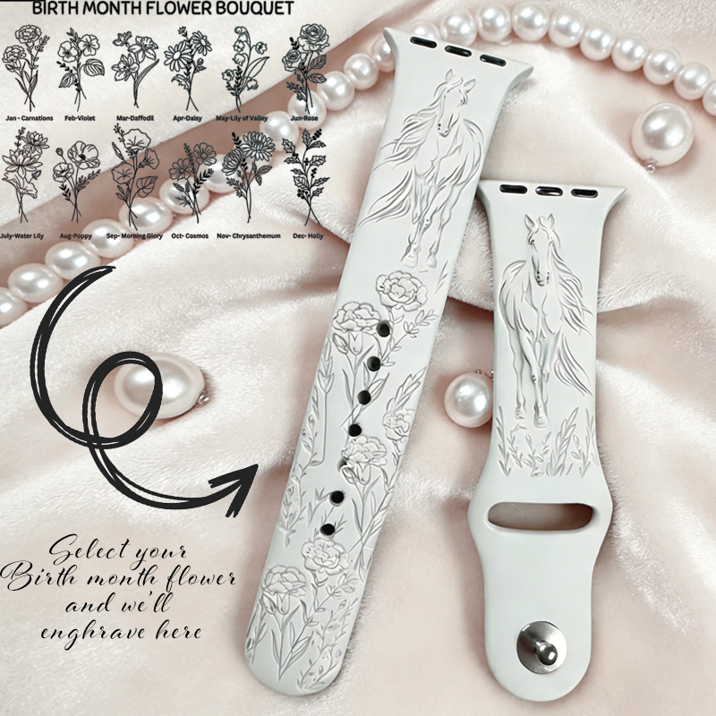 Personalized Birth Flower Horse Silicone Band Laser Engraved Watch Compatible for Horse Riding Equestrian Lover