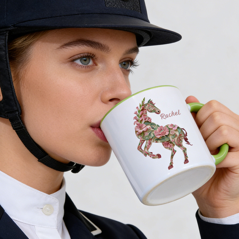 Personalized Birth Month Flower Floral Horse Mug Ceramic Cup Gift for Horse Riding Equestrian Lovers