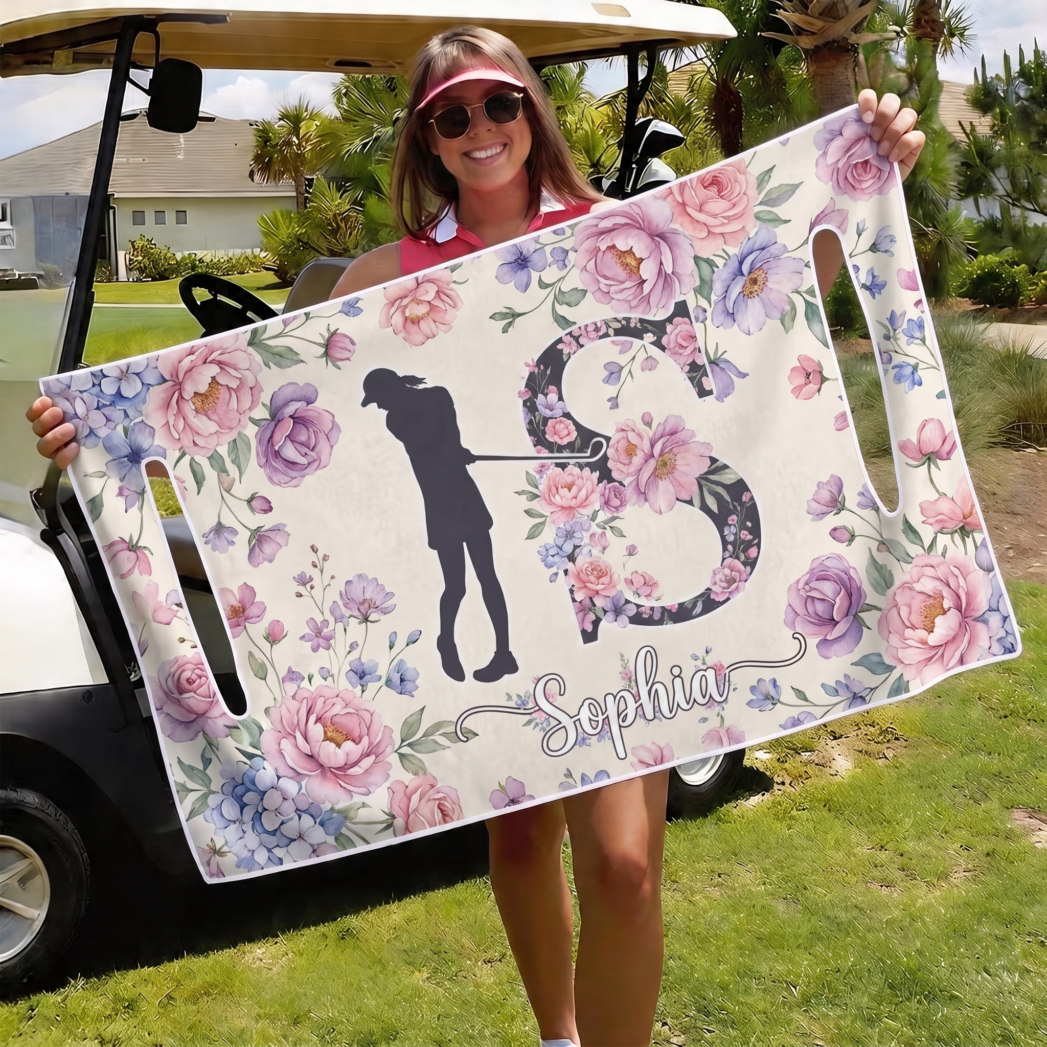 Personalized Floral Golf Cart Seat Cover Flower Letter with Custom Name Gift for Golf Lovers