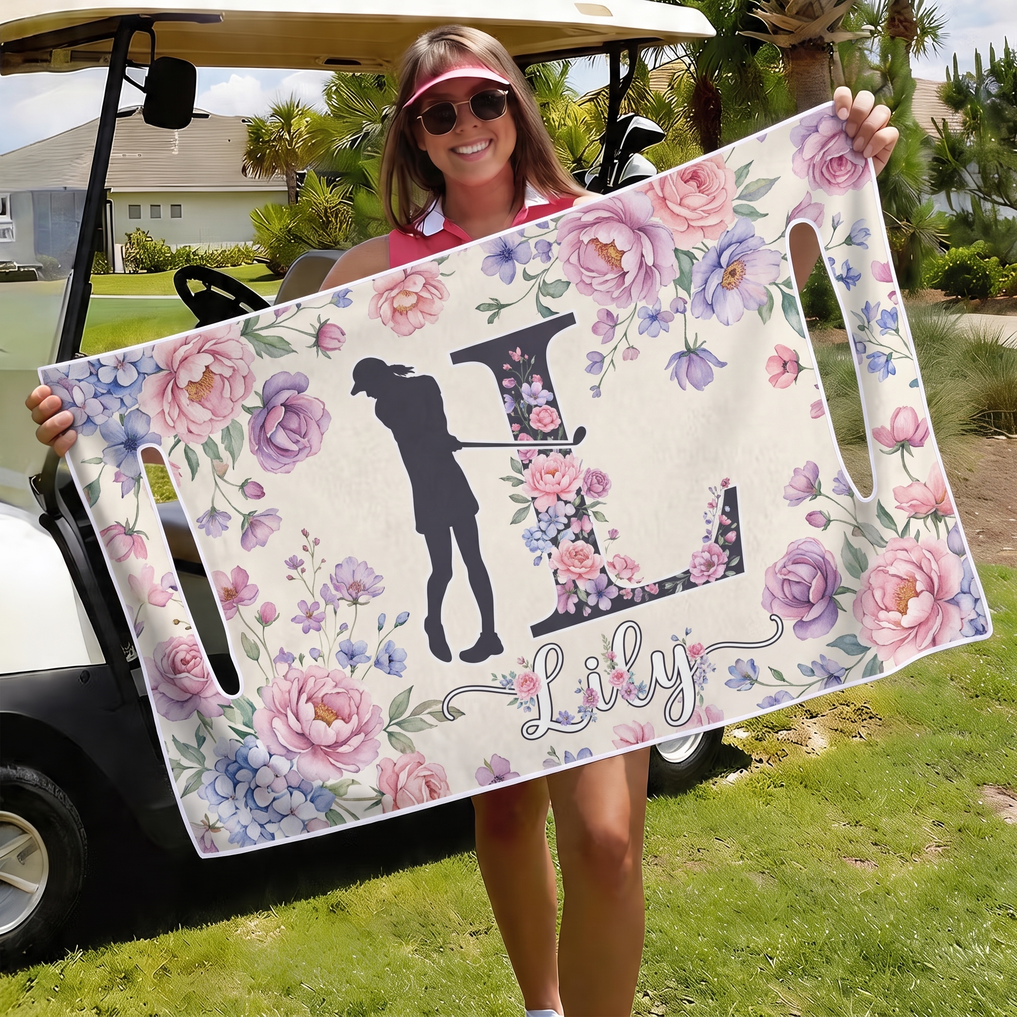 Personalized Floral Golf Cart Seat Cover Flower Letter with Custom Name Gift for Golf Lovers