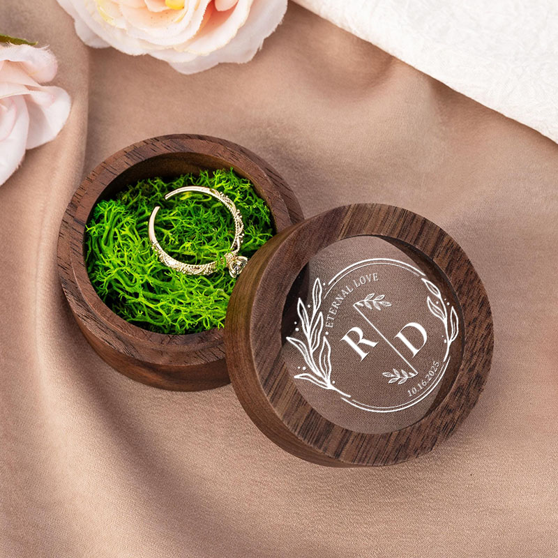 Personalized Couple Eternal Love Round Wreath Wedding Wooden Ring Box Newlywed Ring Box with Acrylic Cover Engagement Ring Box Husband Wife Ring Box