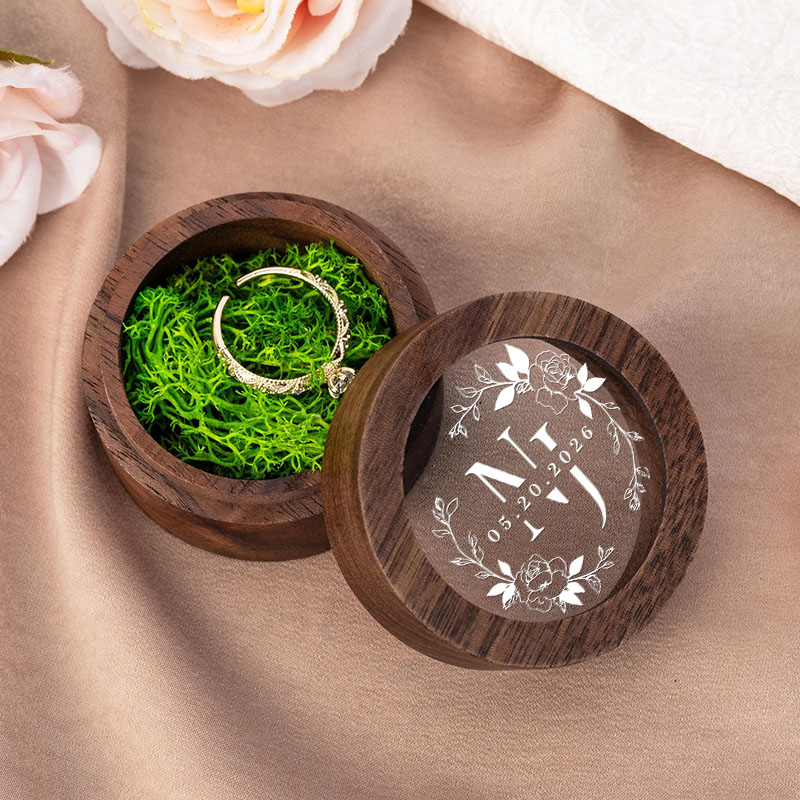 Personalized Couple Wedding Birth Floral Wreath Wood Ring Box Newlyweds Initial Ring Box with Acrylic Cover Engaged Date Ring Holder Husband Wife Gift