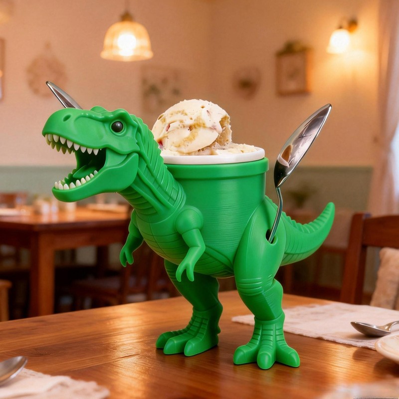 Dinosaur Theme Cool Orange T Rex Ice Cream Holder 3D Printed Cozy with Spoon Slot