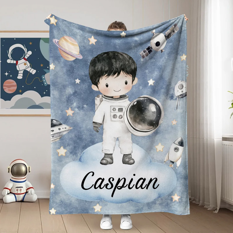 Personalized Cartoon Astronaut Soft Throw Blanket with Name Home Decor Birthday Gift for Geek Lovers