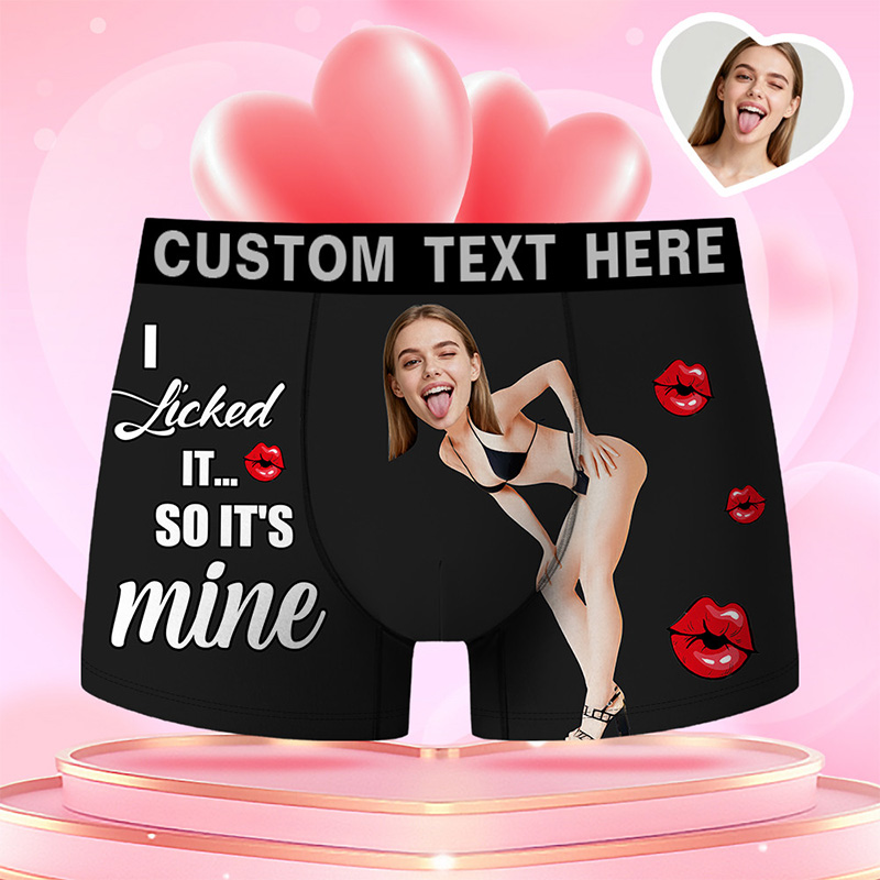 Personalized Girlfriend Wife Face Boxer Brief I Licked It So It's Mine Men Underwear with Woman Face Portrait Valentines Day Gift for Boyfriend Husband