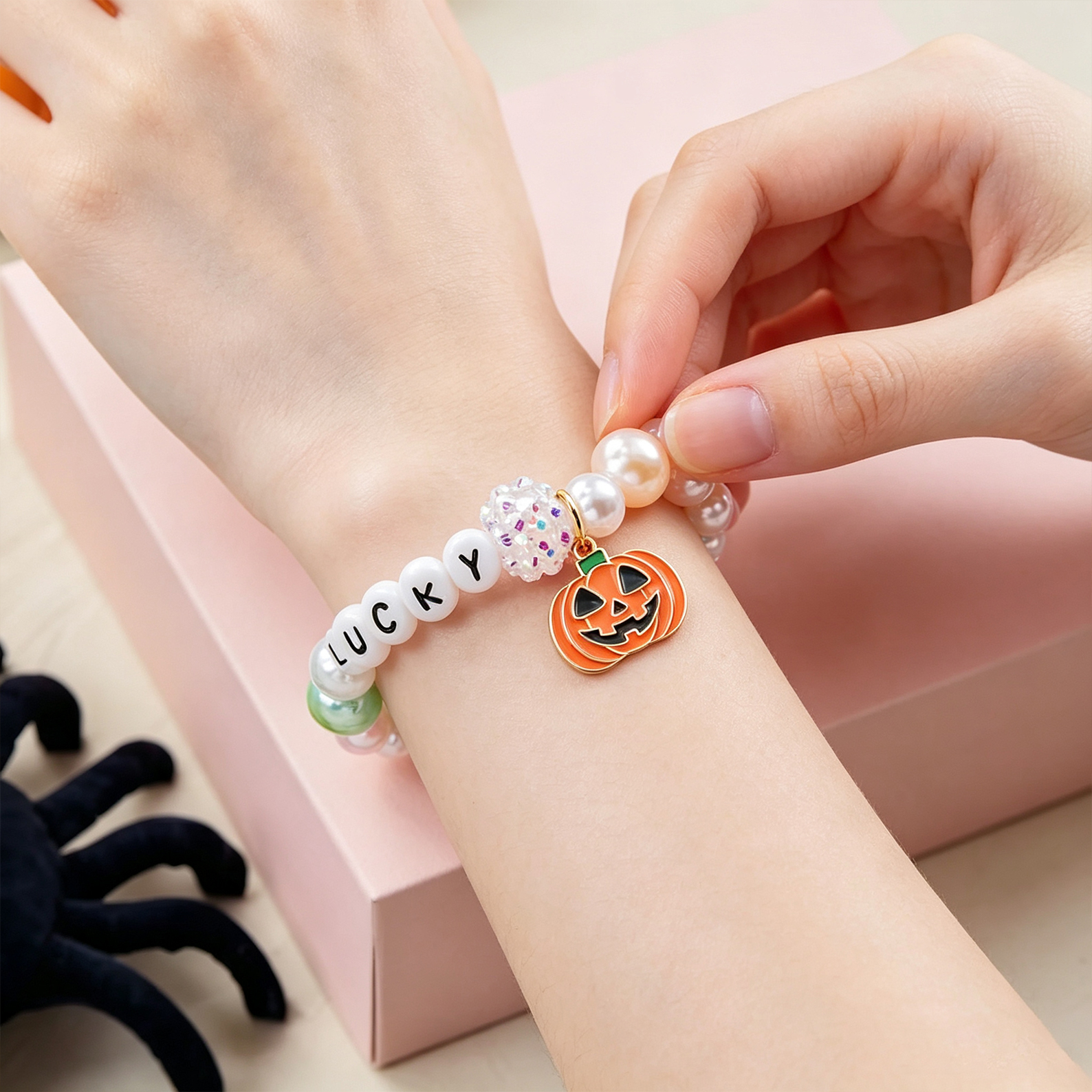 Personalized Cute Pumpkin Colorful Beaded Bracelet with Name Anniversary Halloween Gift for Girl Woman