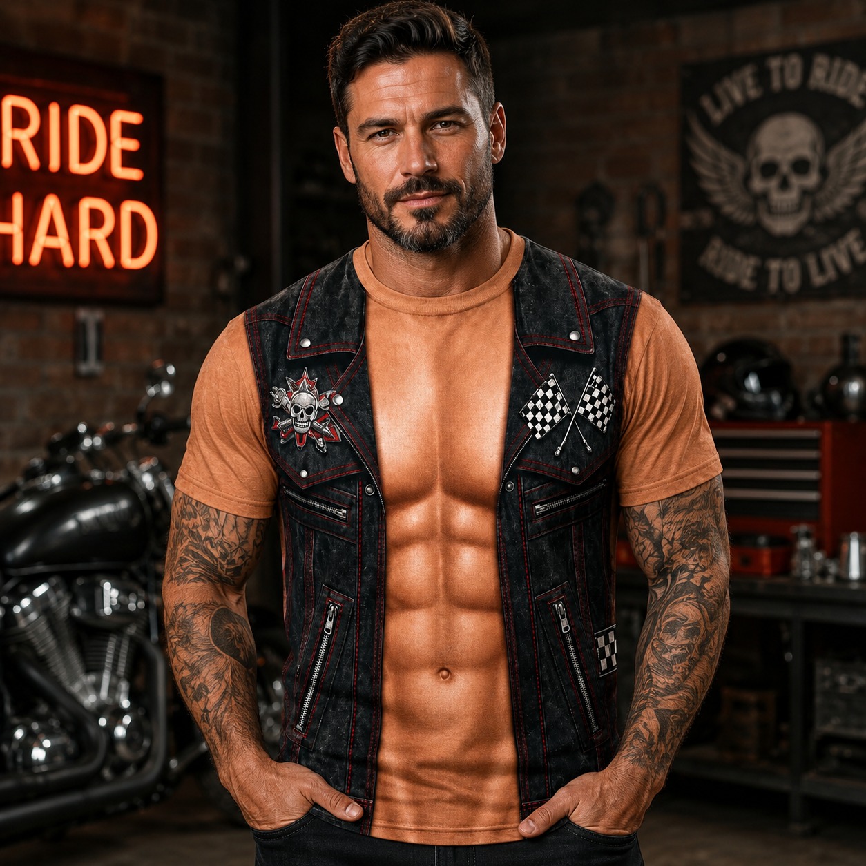 3D Realistic 6 Pack Abs Optical Illusion T Shirt for Men, Biker Faux Leather Vest Graphic Short Sleeve Tee