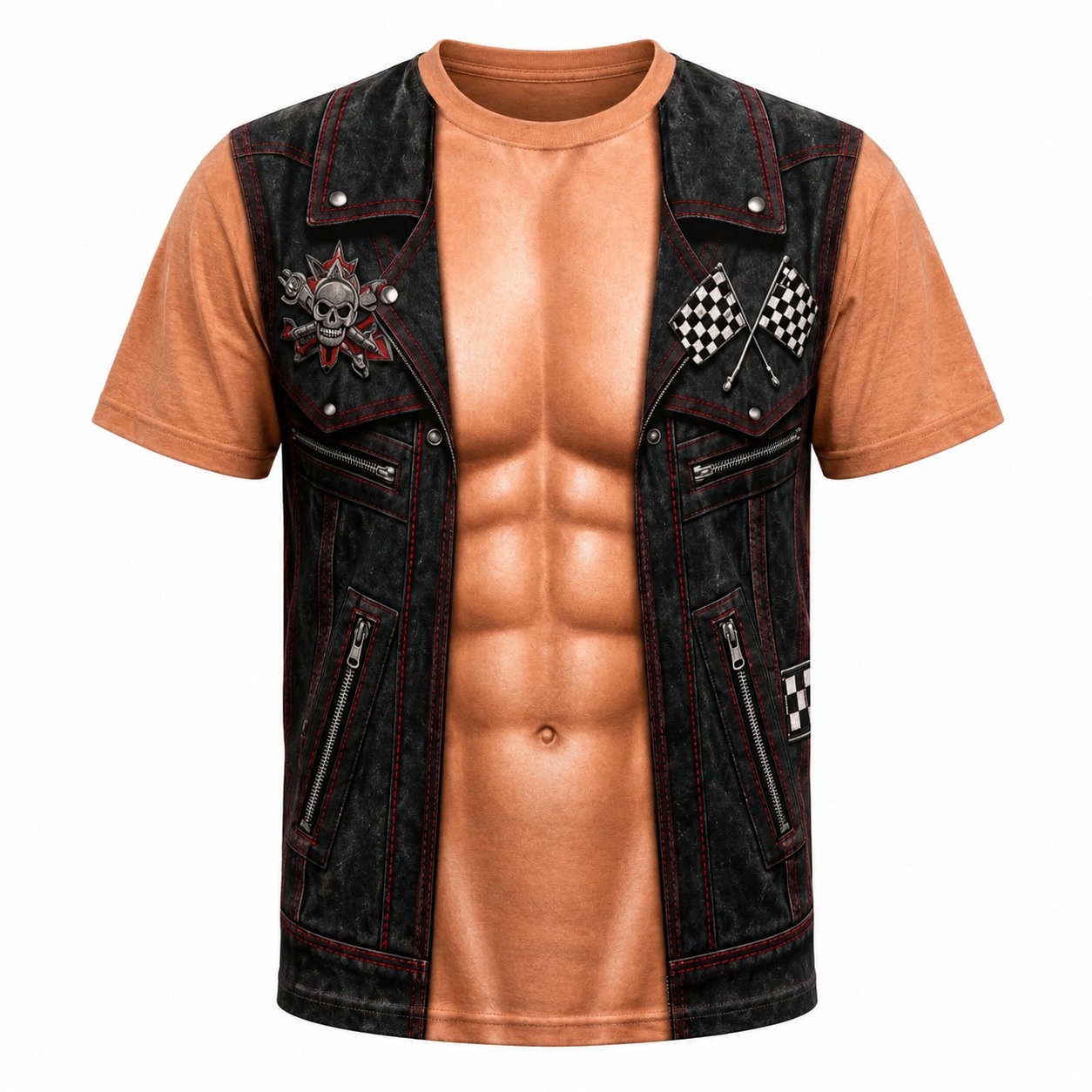 3D Realistic 6 Pack Abs Optical Illusion T Shirt for Men, Biker Faux Leather Vest Graphic Short Sleeve Tee