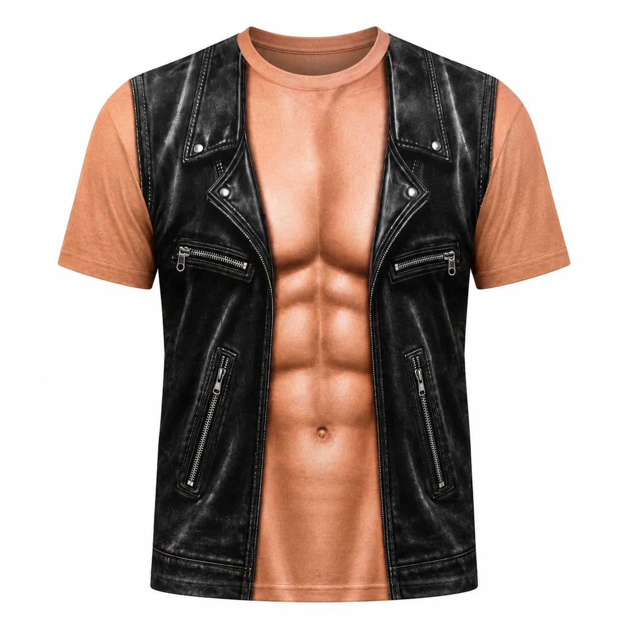 3D Realistic 6 Pack Abs Optical Illusion T Shirt for Men, Biker Faux Leather Vest Graphic Short Sleeve Tee