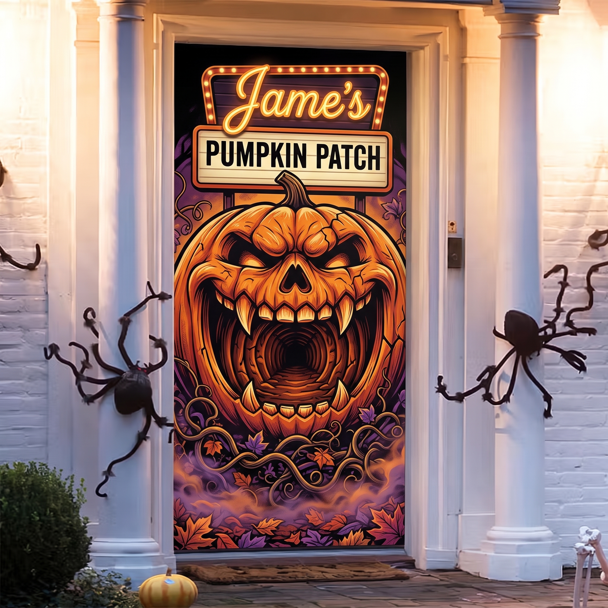 Personalized Halloween Pattern Banner Door Cover with Name Home Decor Halloween Party Gift for Family Friend