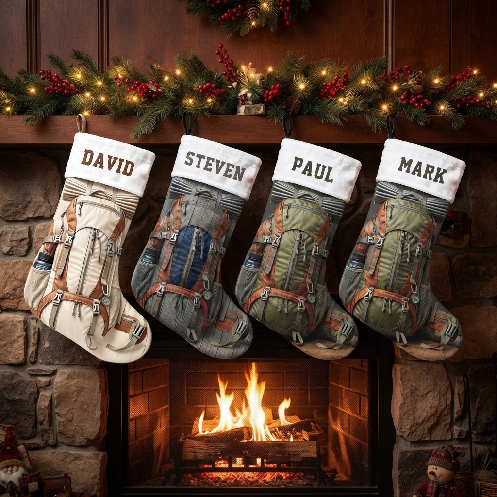Personalized Hiking Backpack Christmas Stocking, Custom Name Outdoor Camping Rucksack Print Xmas Stocking with White Sherpa Cuff, Adventure Christmas Decor Gift for Hiker Camper