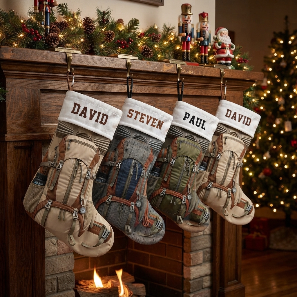 Personalized Hiking Backpack Christmas Stocking, Custom Name Outdoor Camping Rucksack Print Xmas Stocking with White Sherpa Cuff, Adventure Christmas Decor Gift for Hiker Camper