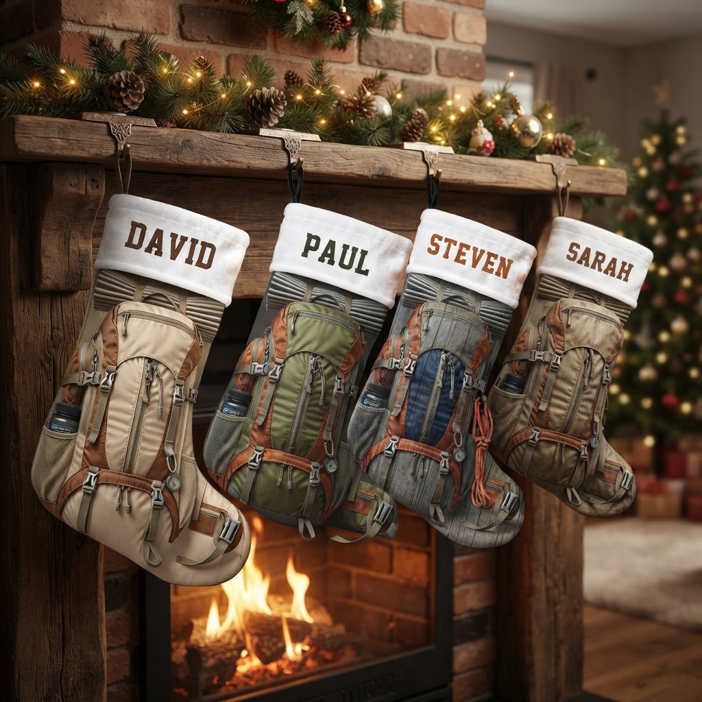 Personalized Hiking Backpack Christmas Stocking, Custom Name Outdoor Camping Rucksack Print Xmas Stocking with White Sherpa Cuff, Adventure Christmas Decor Gift for Hiker Camper