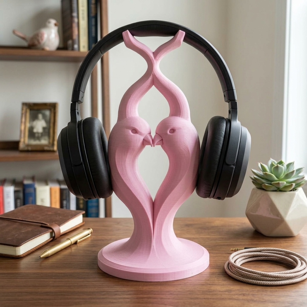 Lovebird 3D Printed Headphone Stand - Artisan Hand Painted Headset Holder for Gaming Desks and Music Lovers