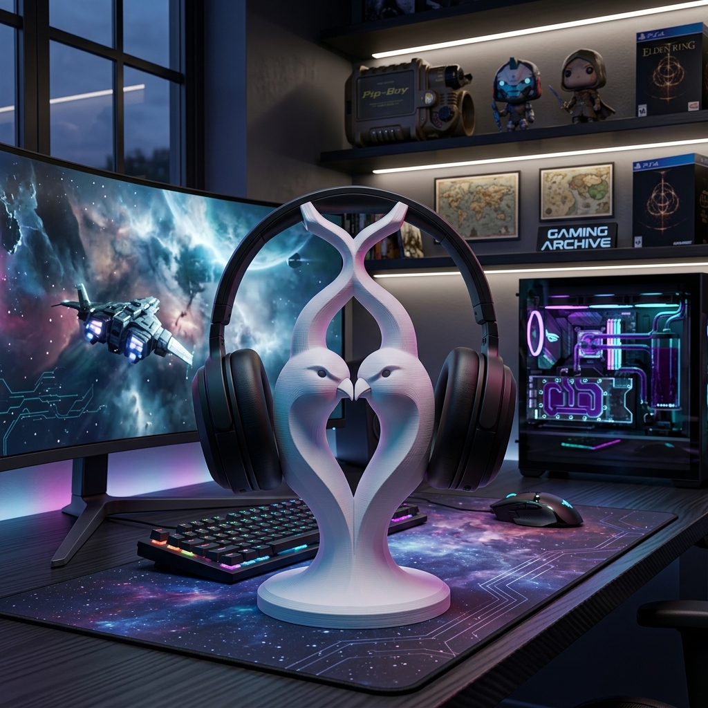 Lovebird 3D Printed Headphone Stand - Artisan Hand Painted Headset Holder for Gaming Desks and Music Lovers