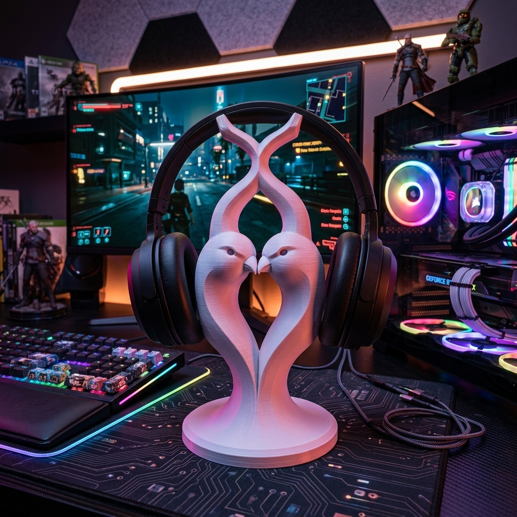 Lovebird 3D Printed Headphone Stand - Artisan Hand Painted Headset Holder for Gaming Desks and Music Lovers