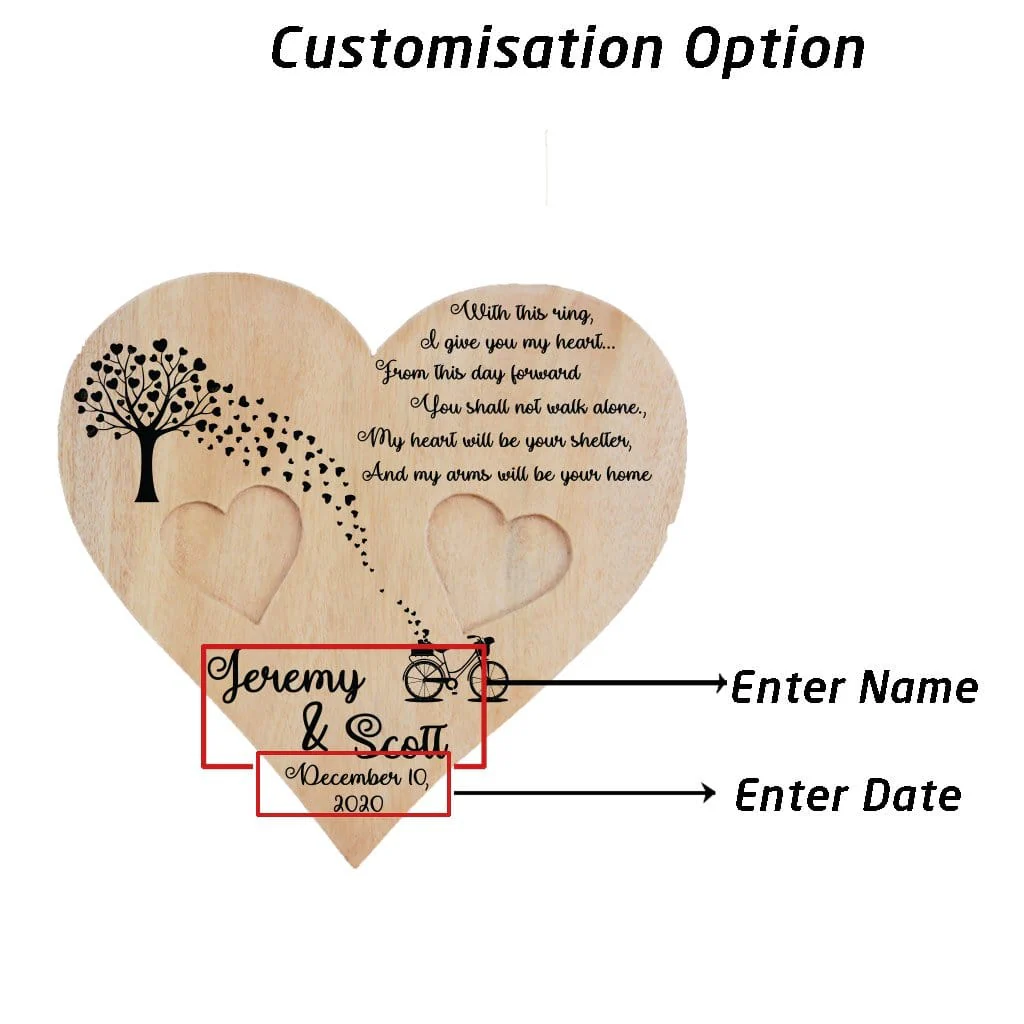 Personalized Wedding Vow Heart Wooden Ring Dish Custom Names Date Tree and Bike Design Ring Holder for Groom and Groom Wedding Gifts