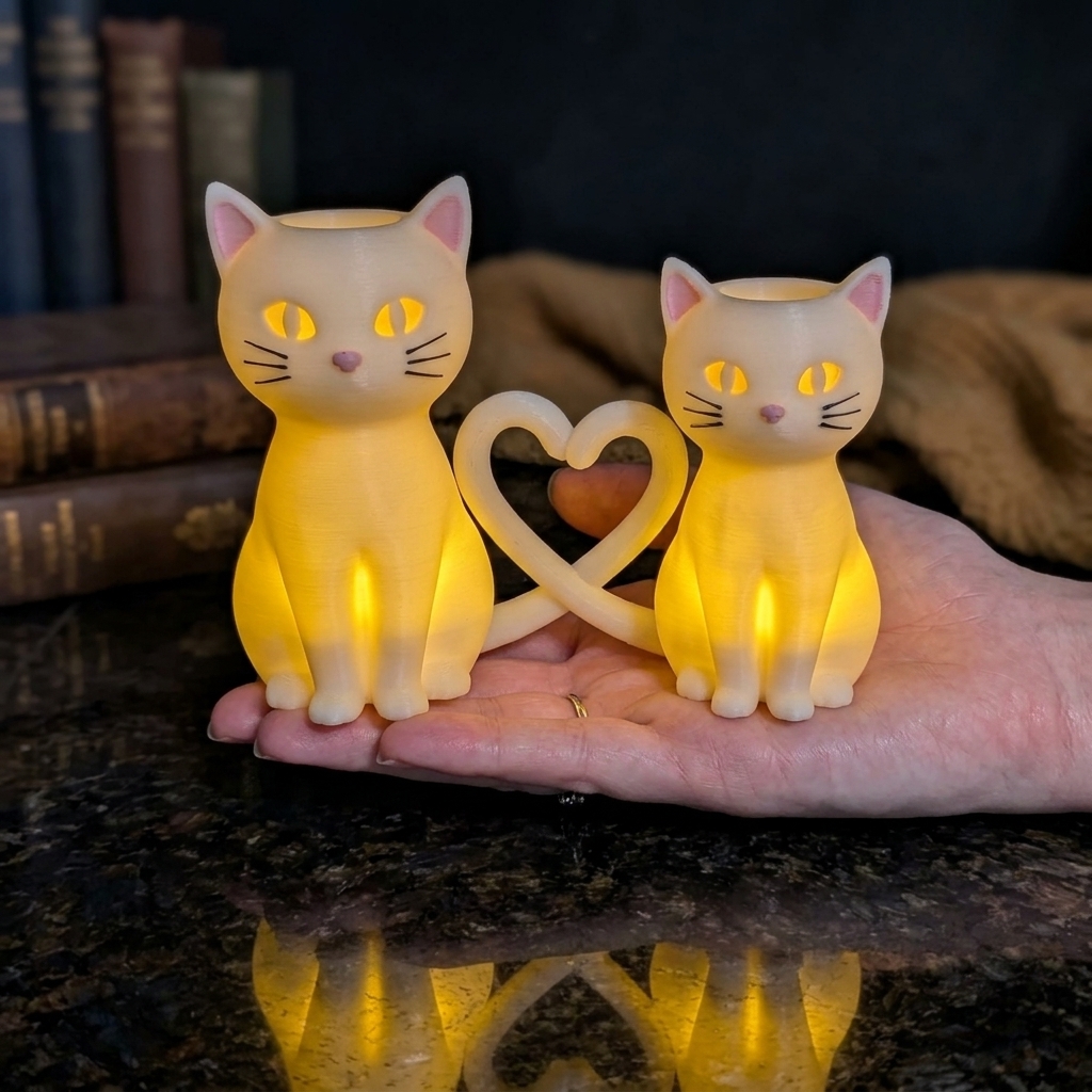 Personalized 3D Printed Heart Tail Couple Cat Tealight Holder Glowing LED Cat Candle Holder Gothic Witchy Halloween Decor Cat Lover Gift Heart Tail Intertwined Kitten Statue Tabletop Ornament