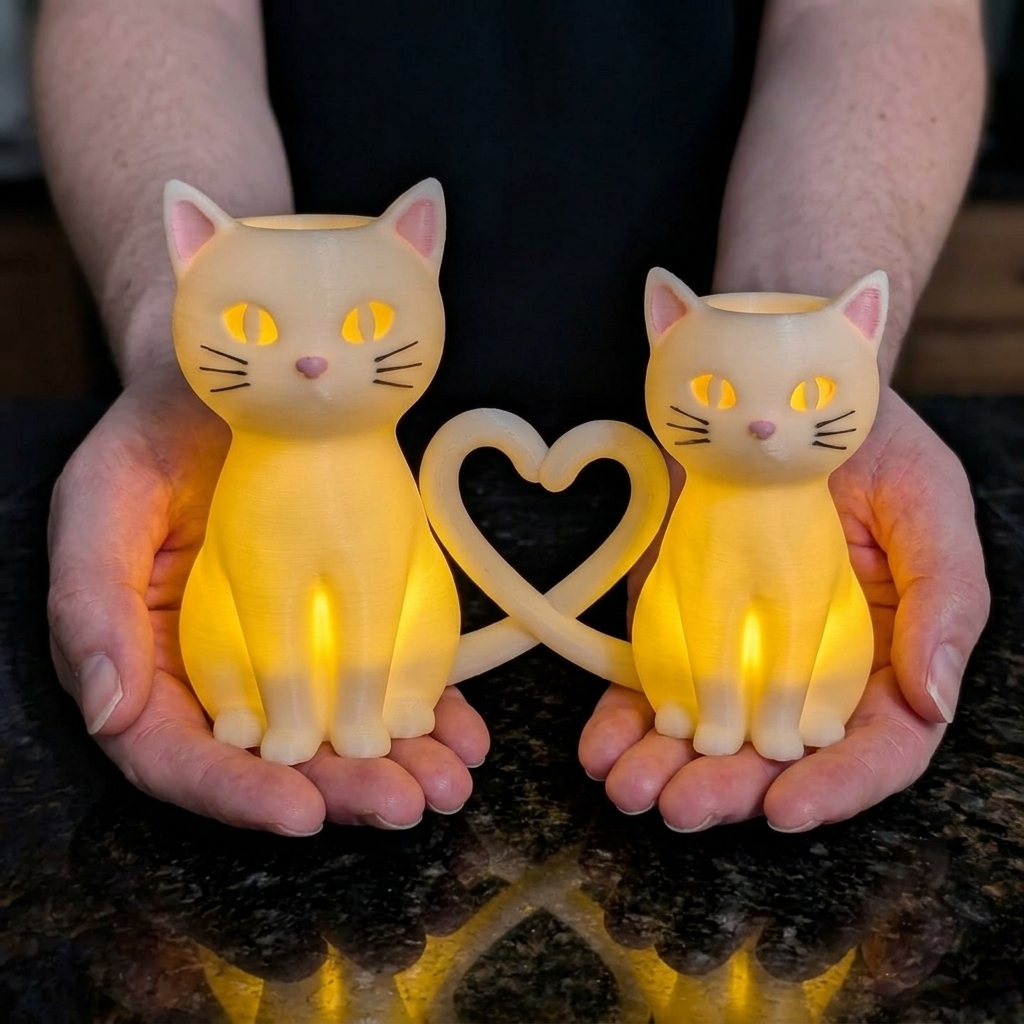 Personalized 3D Printed Heart Tail Couple Cat Tealight Holder Glowing LED Cat Candle Holder Gothic Witchy Halloween Decor Cat Lover Gift Heart Tail Intertwined Kitten Statue Tabletop Ornament