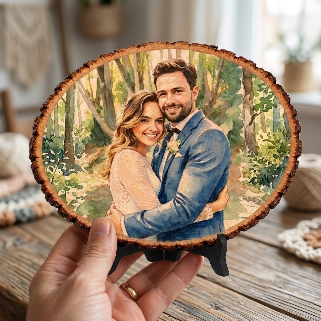 Personalized Photo Print Basswood Keepsake Custom Watercolor Photo Art on Wood Slice Engraved Log Slice Gift for Couple Photo Gift for Her Him