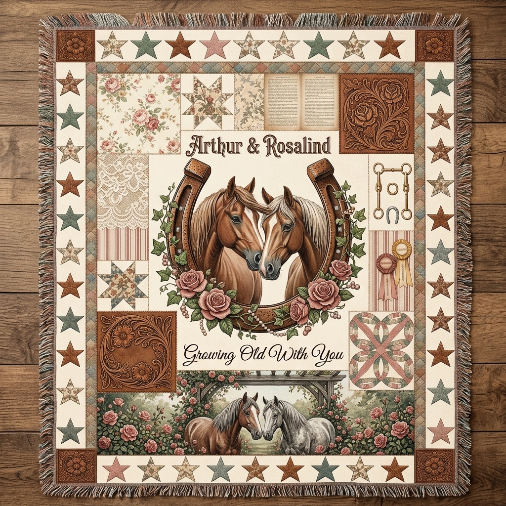 Personalized Growing Old Together Tassel Soft Throw Blanket with Name Bedroom Housewarming Anniversary Gift for Couple Horse Owner