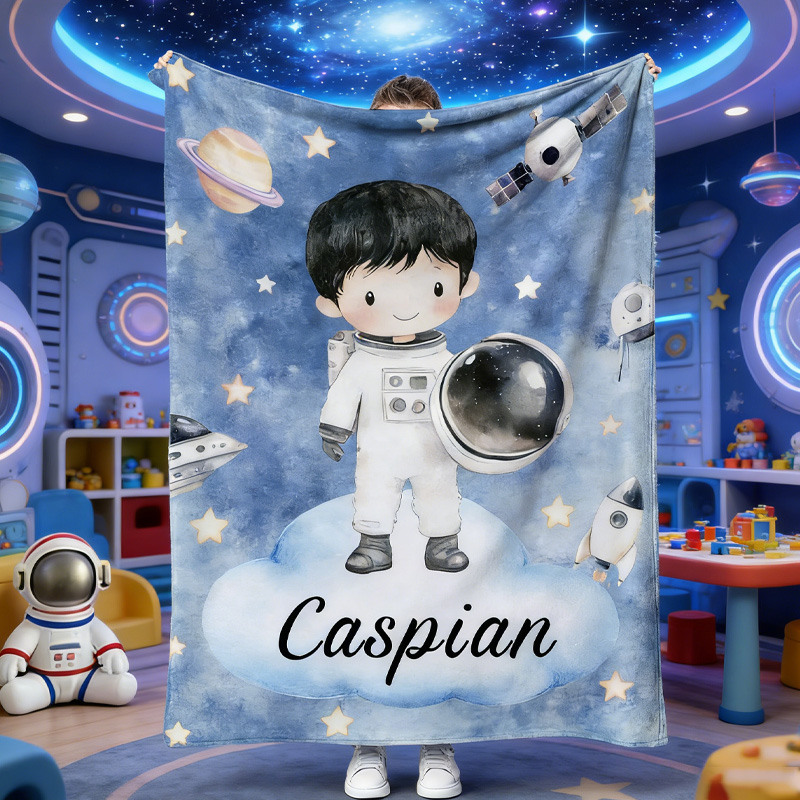 Personalized Cartoon Astronaut Soft Throw Blanket with Name Home Decor Birthday Gift for Geek Lovers