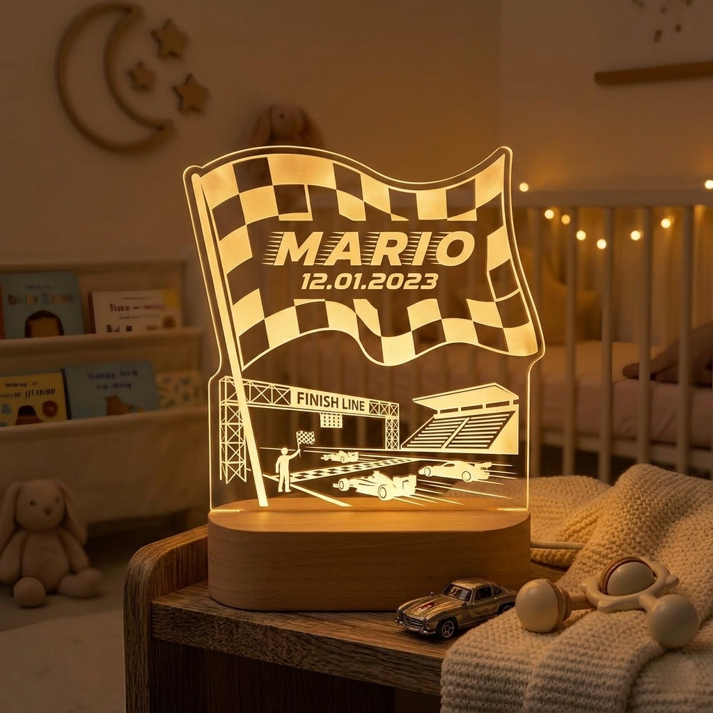 Personalized Checkered Flag Race Track Acrylic LED Night Light Personalized Name Date Lamp For Kids Racing Fans